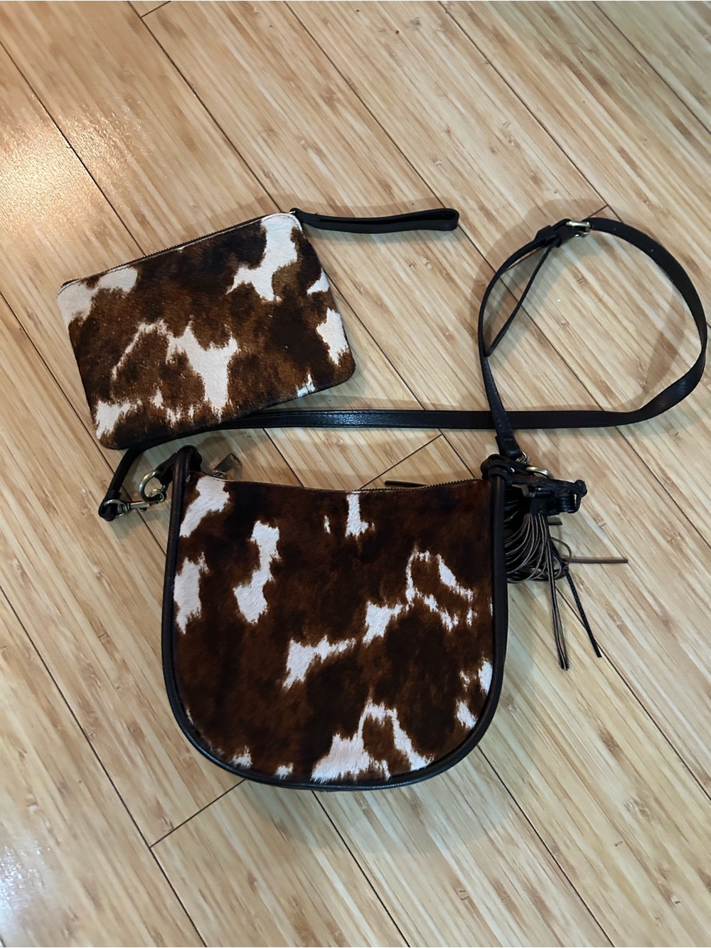 Patricia Nash Brown and White Cowhide Crossbody Bag with Matching Pouch